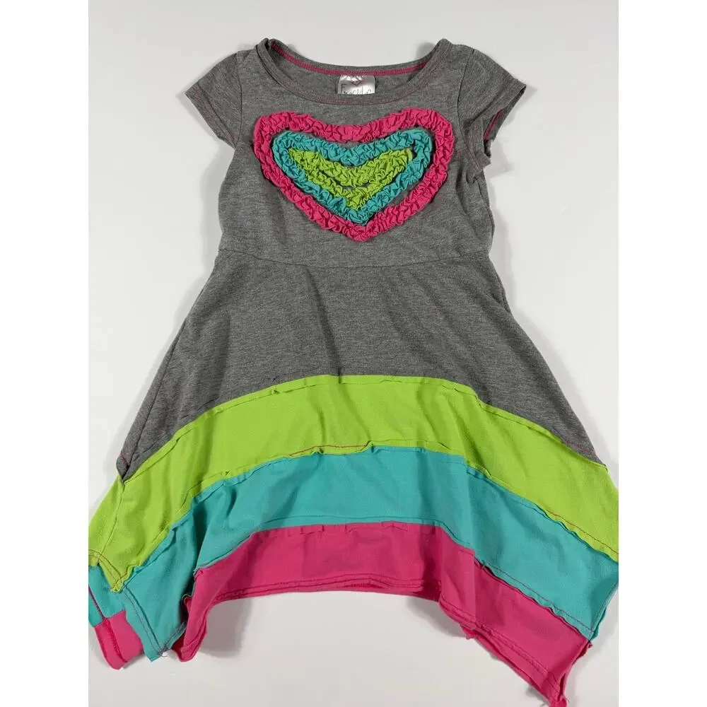 Freckles + Kitty Rainbow Heart Handkerchief Hem Dress Size 5 Girls